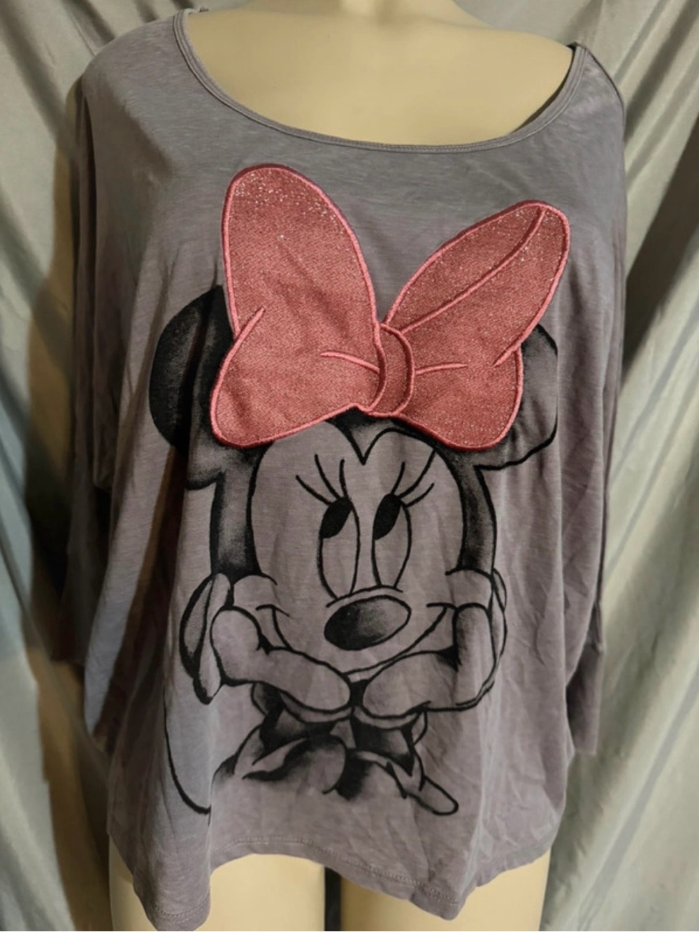 Disney Girls Long Sleeve Minnie Mouse Top - Gray with Pink Bow